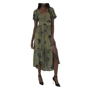 Olive Green Floral High-Low Maxi Dress With Cutout and Side Slit